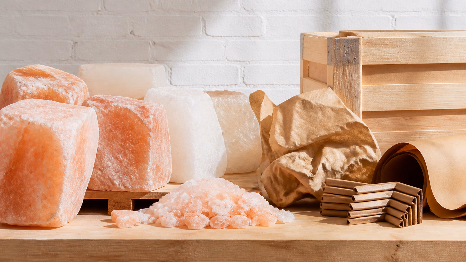 Raw pink halite blocks with kraft packing paper and a wooden shipping crate