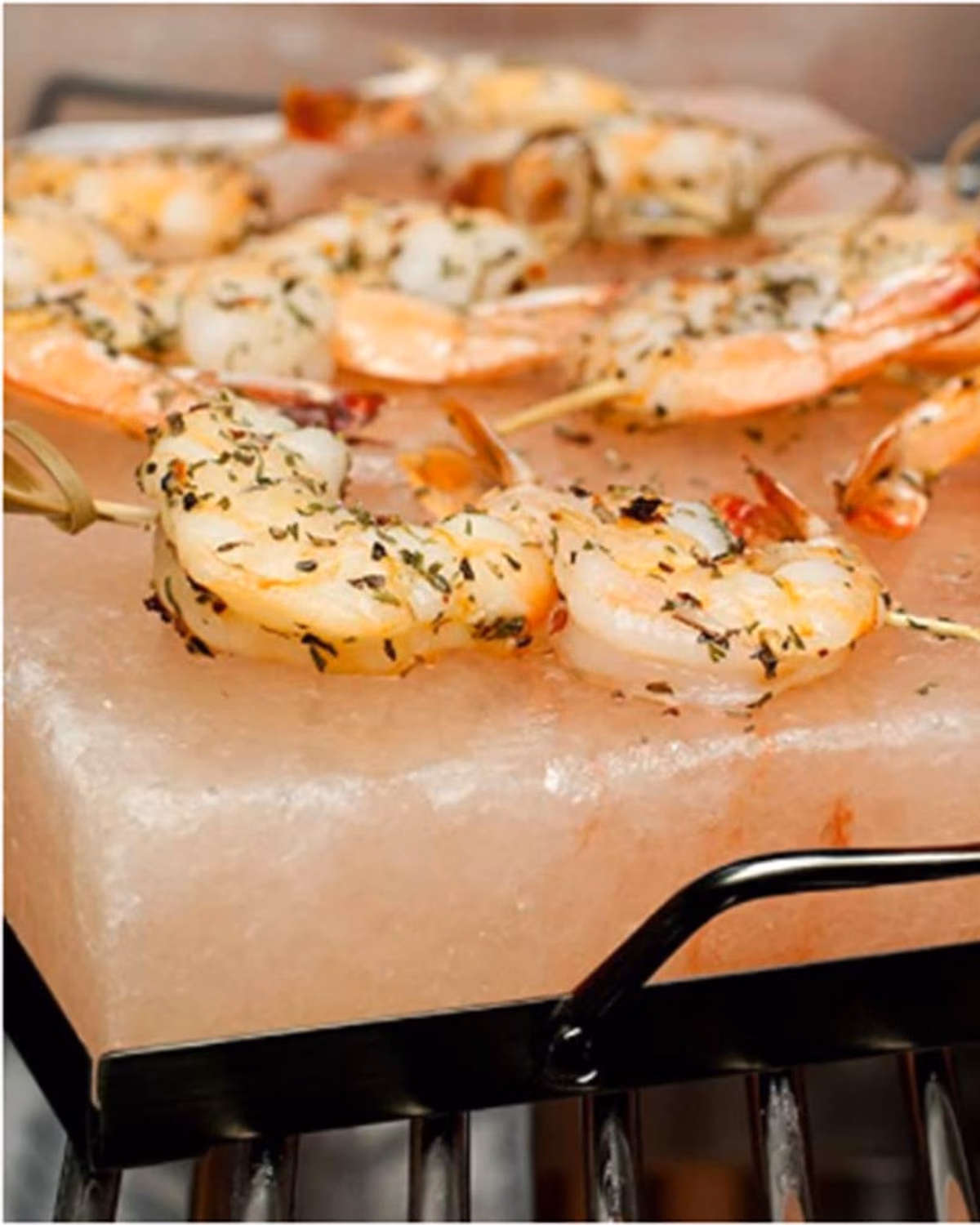 Prepared food served on a rectangular pink salt plate