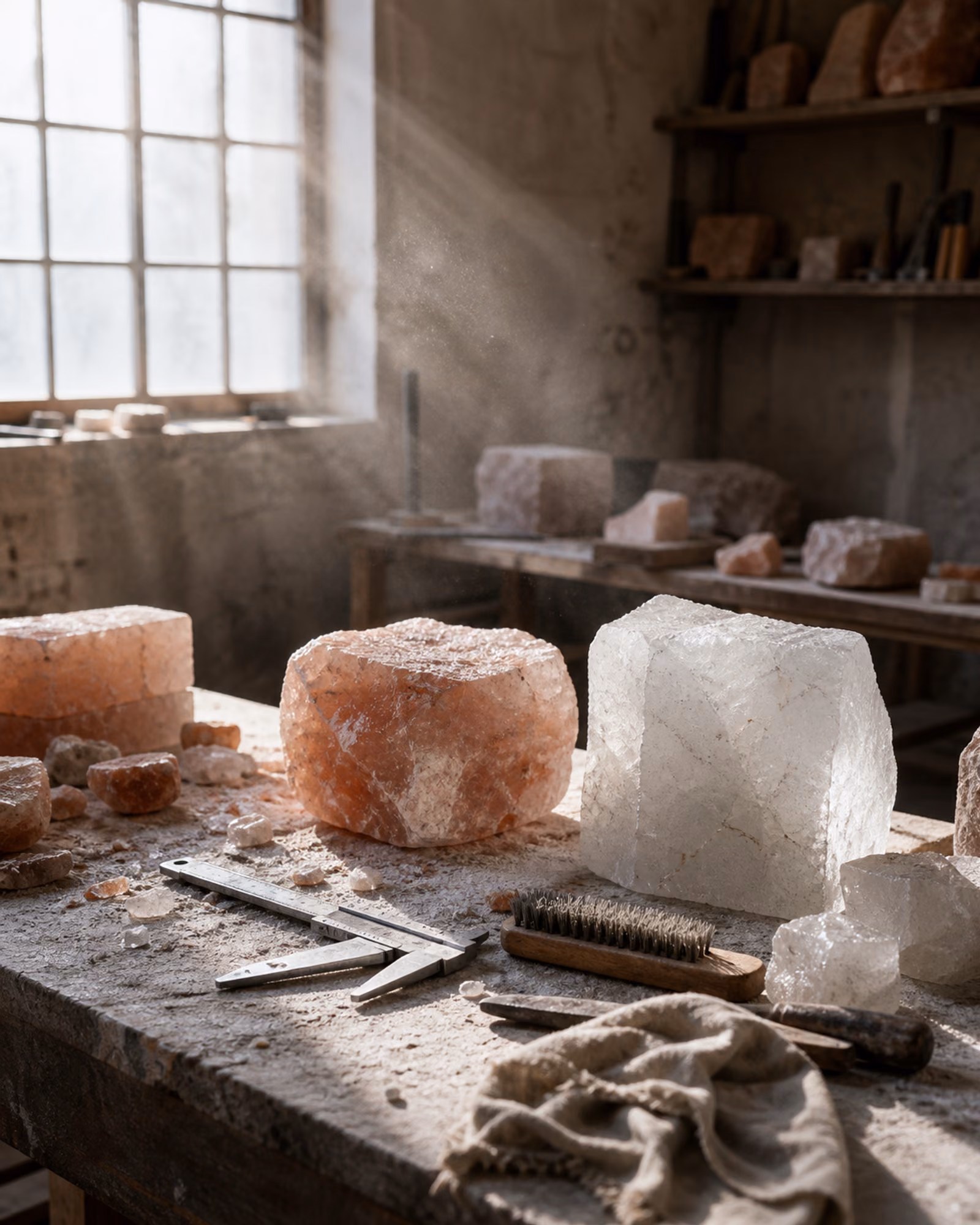 Stone-cutting workbench with tools and raw salt block offcuts