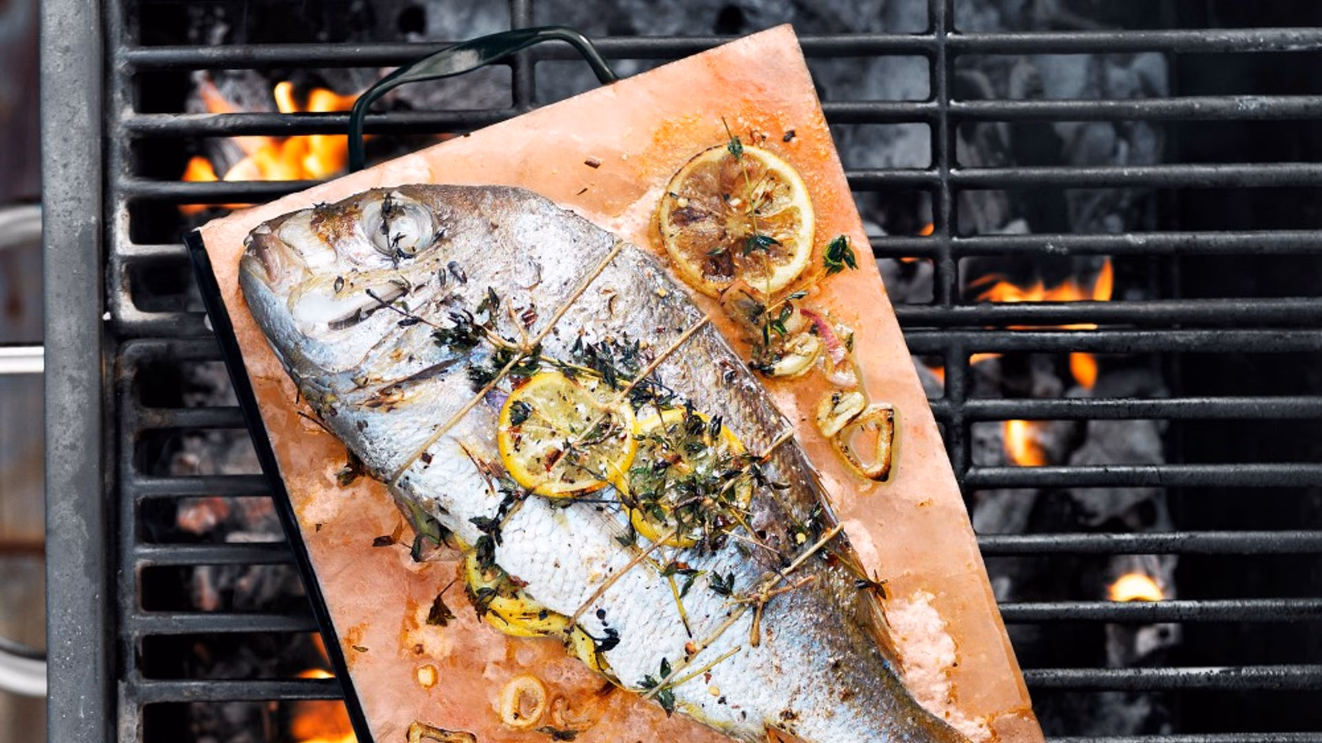 Food cooking on a pink salt plate over an open grill