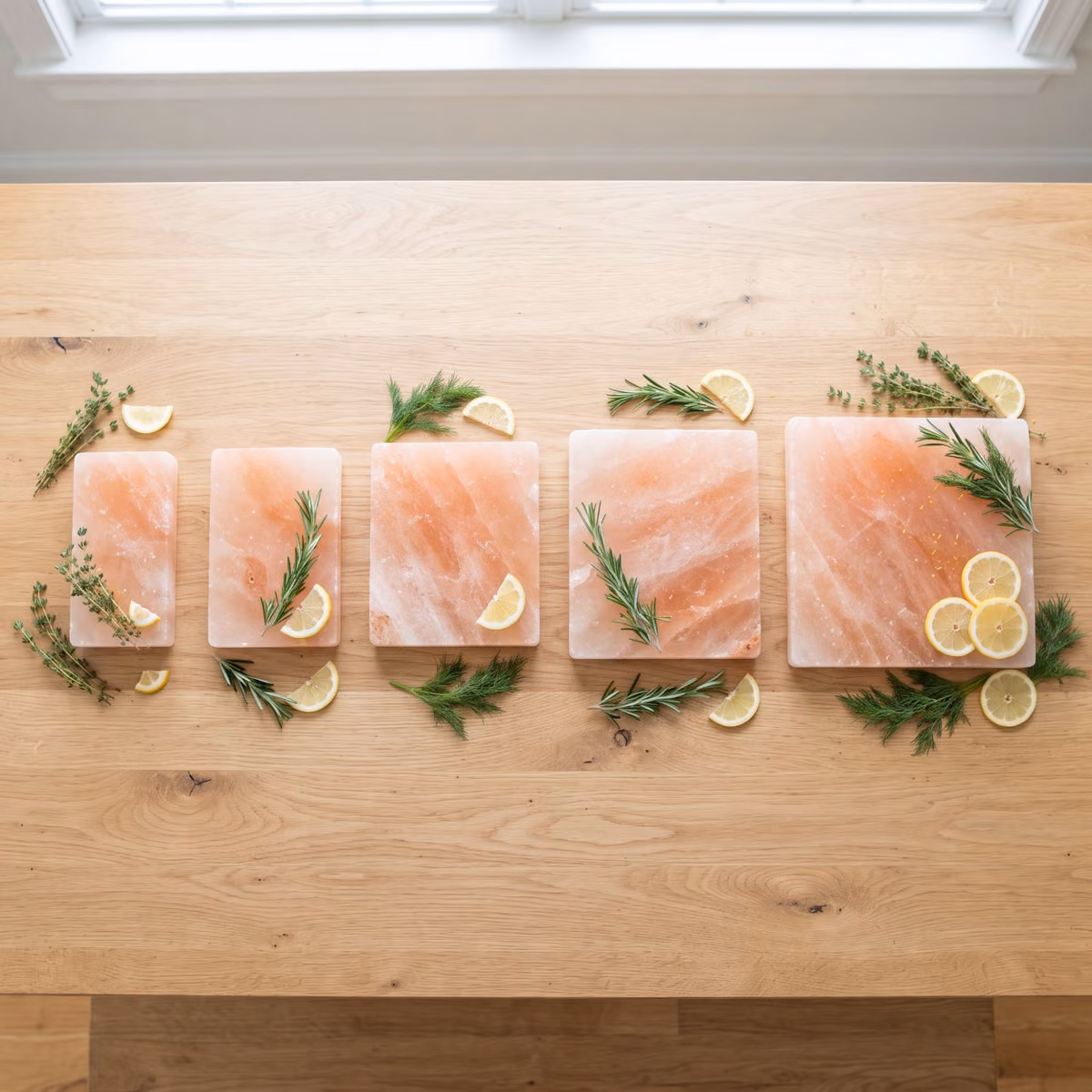 Five Himalayan salt blocks for cooking laid side by side from smallest to largest on a wooden table