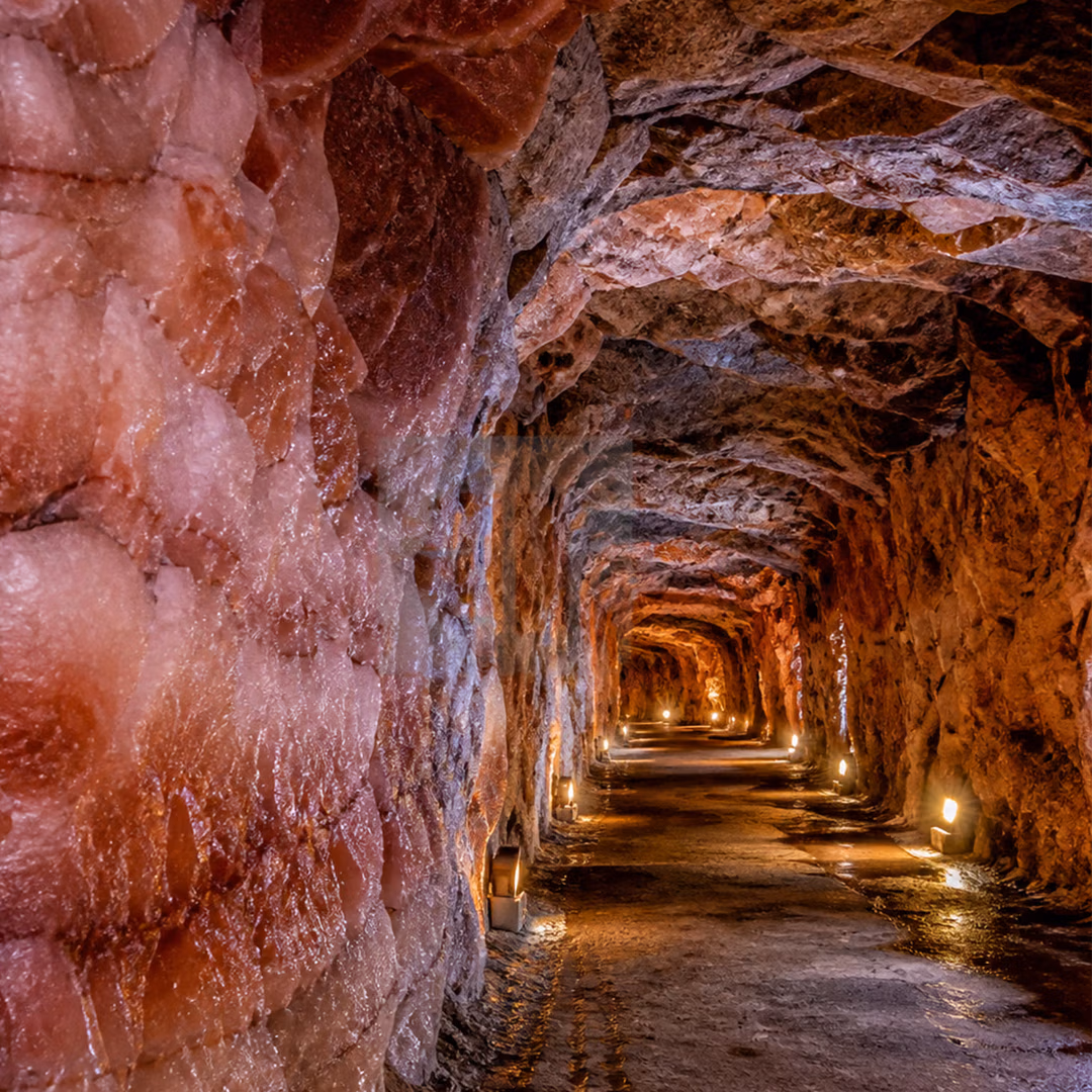 Gallery carved through bands of pink and white rock salt
